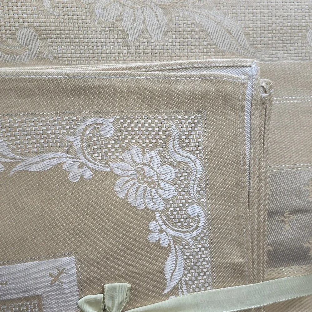 Vintage 60s Damask Fleur De Lys Tablecloth Napkin 54x54 Toast Beige Floral Japan